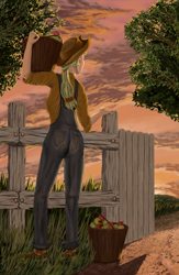 Size: 2600x4000 | Tagged: safe, artist:morevespenegas, applejack, human, apple, back, basket, behind, fence, humanized, overalls, solo, sunset, working