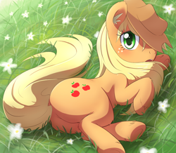 Size: 898x784 | Tagged: safe, artist:aymint, applejack, earth pony, pony, blushing, cute, dock, female, flower, grass, hat, jackabetes, looking at you, loose hair, mare, on side, plot, solo, underhoof, unshorn fetlocks