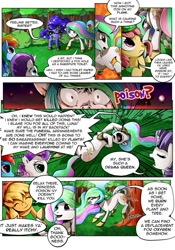 Size: 747x1069 | Tagged: safe, artist:candyclumsy, derpibooru import, apple bloom, applejack, princess celestia, princess luna, rainbow dash, rarity, sweetie belle, alicorn, earth pony, pegasus, pony, unicorn, comic:two sisters go camping, comic, drama queen, missing horn, tree, wingless