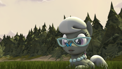 Size: 1280x720 | Tagged: safe, artist:zeb, silver spoon, butterfly, earth pony, pony, 3d, braid, female, filly, glasses, insect on nose, necklace, nose wrinkle, pearl necklace, solo, solo female, source filmmaker