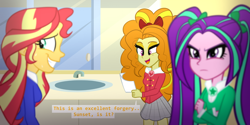 Size: 1024x512 | Tagged: safe, artist:wubcakeva, adagio dazzle, aria blaze, sunset shimmer, equestria girls, rainbow rocks, bathroom, clothes, crossover, dialogue, grin, heathers, nervous, nervous grin, school uniform, smiling, the dazzlings