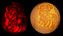 Size: 1024x585 | Tagged: safe, applejack, earth pony, pony, carving, halloween, holiday, jack-o-lantern, pumpkin