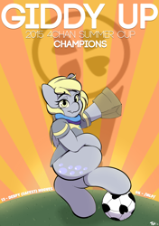 Size: 1200x1700 | Tagged: safe, artist:banbanji, derpy hooves, pegasus, pony, /mlp/, 4chan, 4chan cup, female, football, mare, safest hooves, sunburst background