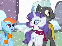 Size: 1024x768 | Tagged: safe, artist:biosonic100, derpibooru import, rainbow dash, rarity, thunderlane, pegasus, pony, unicorn, bedroom eyes, clothes, female, male, mare, open mouth, raised hoof, rarilane, scarf, shipping, smiling, snow, snowfall, stallion, straight