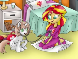 Size: 1024x768 | Tagged: safe, artist:lavenderrain24, sunset shimmer, oc, oc:healing touch, pony, equestria girls, bed, bedroom, clothes, commission, indoors, kneeling, levitation, listening, magic, open mouth, pajamas, slippers, stethoscope, telekinesis