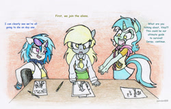 Size: 1024x652 | Tagged: safe, artist:pandan009, derpy hooves, dj pon-3, lyra heartstrings, vinyl scratch, anthro, dialogue, planning, traditional art, zombie apocalypse