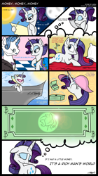 Size: 4481x8001 | Tagged: safe, artist:claritea, fancypants, rarity, pony, unicorn, abba, absurd resolution, alternate hairstyle, boat, comic, money, money money money, ponytail, song reference