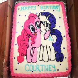 Size: 1936x1936 | Tagged: safe, pinkie pie, rarity, cake, happy birthday, hug, irl, photo