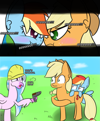 Size: 2273x2740 | Tagged: safe, artist:artiks, derpibooru import, applejack, rainbow dash, silverstream, classical hippogriff, earth pony, hippogriff, pegasus, pony, non-compete clause, appledash, boop, dialogue, female, gun, lesbian, noseboop, scrunchy face, shipping, weapon