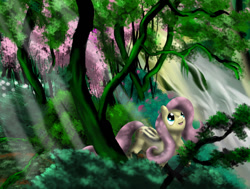 Size: 900x680 | Tagged: safe, artist:bluehedgedarkattack, fluttershy, pegasus, pony, forest, scenery, solo