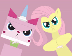 Size: 6600x5100 | Tagged: safe, artist:inspectornills, fluttershy, pegasus, pony, absurd resolution, angry, crossover, dialogue, duo, lego, looking at you, mean, pink background, simple background, the lego movie, unikitty