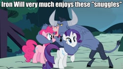 Size: 960x539 | Tagged: safe, edit, edited screencap, screencap, iron will, pinkie pie, rarity, earth pony, minotaur, pony, unicorn, putting your hoof down, caption, dialogue, female, image macro, imma snuggle you, male, mare, meme, microphone, necktie, nose piercing, nose ring, piercing, trio