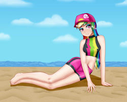 Size: 2000x1600 | Tagged: safe, artist:focusb, derpibooru import, rainbow dash, human, better together, equestria girls, beach, beach babe, feet, humanized, legs, looking at you, smiling, stupid sexy rainbow dash