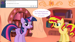 Size: 1280x720 | Tagged: safe, artist:hakunohamikage, sunset shimmer, twilight sparkle, twilight sparkle (alicorn), alicorn, pony, unicorn, ask, ask-princesssparkle, female, golden oaks library, mare, tumblr