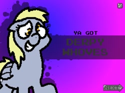 Size: 916x680 | Tagged: safe, artist:pokehidden, derpy hooves, pegasus, pony, spoiler:banned from equestria daily 1.5, banned from equestria daily, cute, fan game, female, floppy ears, game, grin, mare, raised hoof, smiling, solo, squee