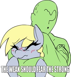 Size: 1030x1121 | Tagged: safe, artist:coinpo, derpy hooves, oc, oc:anon, human, pegasus, pony, :o, blushing, chokehold, eyes closed, image macro, meme, muscles, rear naked choke, red pill, sam hyde, simple background, smiling, sweat, the weak should fear the strong, wavy mouth, white background