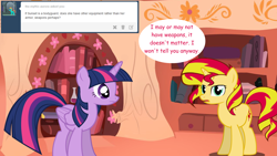 Size: 1280x720 | Tagged: safe, artist:hakunohamikage, sunset shimmer, twilight sparkle, twilight sparkle (alicorn), alicorn, pony, unicorn, ask, ask-princesssparkle, female, golden oaks library, mare, tumblr