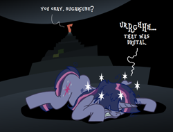 Size: 690x524 | Tagged: safe, applejack, twilight sparkle, earth pony, pony, ask-flutterschiavo, circling stars, faceplant