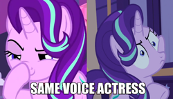 Size: 600x345 | Tagged: safe, edit, edited screencap, screencap, starlight glimmer, pony, unicorn, boop, captain obvious, exploitable meme, glimmerposting, kelly sheridan, meme, no shit sherlock, op is on drugs, same voice actor, self-boop, solo, you don't say