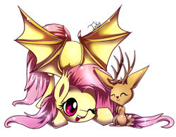 Size: 900x697 | Tagged: safe, artist:inky-pinkie, fluttershy, bat pony, pony, cute, eyes closed, female, flutterbat, heart eyes, jackalope, one eye closed, open mouth, race swap, shyabates, shyabetes, simple background, smiling, spread wings, transparent background, wingding eyes, wings
