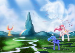 Size: 3508x2480 | Tagged: safe, artist:digitalcyn, philomena, princess celestia, princess luna, alicorn, pony, magic, mountain, pink-mane celestia, rainbow, raised hoof, river, s1 luna, younger