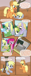 Size: 1280x3065 | Tagged: safe, artist:moemneop, applejack, derpy hooves, dinky hooves, pinkie pie, earth pony, pegasus, pony, comic:return to equestria, comic, female, mare, muffin, saddle bag
