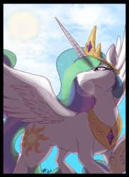 Size: 576x792 | Tagged: safe, artist:deathdragon13, princess celestia, alicorn, pony, lens flare, smiling, solo, spread wings, sun