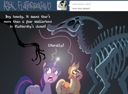 Size: 870x640 | Tagged: safe, applejack, twilight sparkle, dinosaur, earth pony, pony, ask-flutterschiavo, parasaurolophus, skeleton