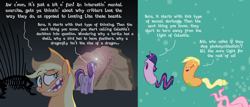 Size: 1228x524 | Tagged: safe, applejack, fluttershy, twilight sparkle, earth pony, pegasus, pony, unicorn, ask-flutterschiavo, butt, comic, female, fossil, mare, plot, skeleton