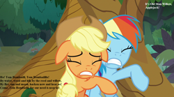 Size: 1188x660 | Tagged: safe, derpibooru import, edit, edited screencap, screencap, applejack, rainbow dash, earth pony, pegasus, pony, non-compete clause, cropped, duo, female, floppy ears, huorn, implied tom bombadil, lord of the rings, mare, misspelling, old man willow, the fellowship of the ring, tolkien, tree