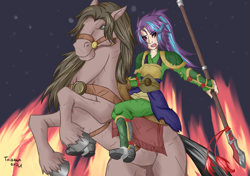 Size: 2949x2075 | Tagged: safe, artist:fatamorganaedic, starlight glimmer, horse, human, equestria girls, armor, fire, humanized, light skin, solo, spear, weapon