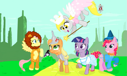 Size: 801x481 | Tagged: artist needed, safe, artist:hipster-ponies, artist:kasun05, artist:shutterflye, applejack, derpy hooves, fluttershy, rarity, twilight sparkle, diamond dog, earth pony, pegasus, pony, unicorn, clothes, costume, dress, dressup, flockdraw, hat, hiding, magic wand, the wizard of oz, witch hat