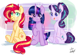 Size: 1510x1076 | Tagged: safe, alternate version, artist:ch-chau, artist:chautung, artist:whiskyice, starlight glimmer, sunset shimmer, twilight sparkle, twilight sparkle (alicorn), alicorn, pony, collaboration, abstract background, magical trio, simple background, sitting, smiling, tongue out, trio