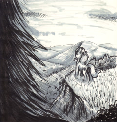 Size: 1631x1698 | Tagged: safe, artist:gaelledragons, sunset shimmer, pony, unicorn, female, mare, monochrome, mountain, scenery, solo, traditional art, tree