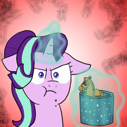 Size: 800x800 | Tagged: safe, artist:kushina13, starlight glimmer, unicorn, crumbs, empathy cocoa, female, glowing horn, haniwa, levitation, magic, mare, mug, serious, serious face, solo, telekinesis