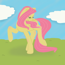 Size: 900x900 | Tagged: safe, artist:imperfectpancakes, fluttershy, pegasus, pony, bedroom eyes, blushing, cute, looking back, pose, raised hoof, raised leg, smiling, solo