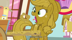 Size: 640x355 | Tagged: safe, screencap, applejack, earth pony, pony, apple family reunion, cart, luster dust, meme, open mouth, solo, sparkles, tongue out, wide eyes, window, youtube caption