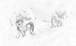 Size: 2575x1575 | Tagged: safe, artist:onsaud, derpibooru import, twilight sparkle, duck, angry, feather, fight, flapping, flying, gritted teeth, magic, monochrome, raised hoof, sketch, teleportation, wide eyes