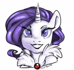 Size: 2158x2048 | Tagged: safe, artist:yukomaussi, rarity, pony, unicorn, bust, clothes, eyeshadow, female, lipstick, makeup, mare, simple background, smiling, solo, white background