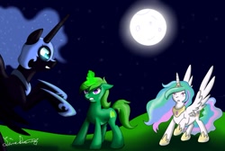 Size: 1090x733 | Tagged: safe, artist:crispych0colate, artist:limedreaming, nightmare moon, princess celestia, oc, oc:lime dream, alicorn, pony, unicorn, dream