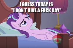 Size: 768x501 | Tagged: safe, edit, edited screencap, screencap, starlight glimmer, pony, unicorn, a royal problem, grumpy, image macro, meme, no fucks, treehouse logo, vulgar