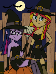 Size: 1200x1600 | Tagged: safe, artist:djgames, sci-twi, sunset shimmer, twilight sparkle, bat, equestria girls, broom, clothes, costume, crossed legs, fence, full moon, halloween, hat, holiday, moon, night, pumpkin, sitting, witch, witch hat