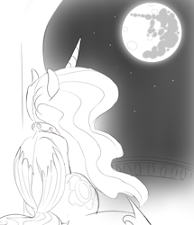 Size: 1298x1510 | Tagged: safe, artist:zev, princess celestia, alicorn, pony, grayscale, looking up, mare in the moon, monochrome, moon, night, sitting, solo