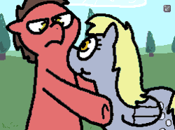 Size: 496x368 | Tagged: safe, artist:pokehidden, derpy hooves, oc, oc:big brian, earth pony, pegasus, pony, spoiler:banned from equestria daily 1.5, :t, animated, banned from equestria daily, bipedal, confused, explicit source, eye contact, female, floppy ears, frame by frame, frown, glare, looking at each other, looking back, male, mare, smiling, spinning, stallion, unamused, underhoof, you spin me right round