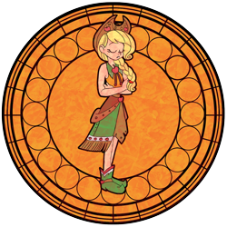 Size: 1600x1600 | Tagged: safe, artist:trinityinyang, applejack, human, clothes, dive to the heart, dress, eyes closed, gala dress, humanized, kingdom hearts, solo, stained glass