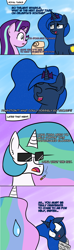 Size: 1224x4131 | Tagged: safe, artist:artiks, princess celestia, princess luna, starlight glimmer, alicorn, pony, a royal problem, bondage, comic, crazy eyes, dialogue, list, manechat challenge, straitjacket, sunglasses