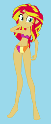 Size: 250x600 | Tagged: safe, artist:dinalfos5, sunset shimmer, equestria girls, barefoot, belly button, bikini, blue background, clothes, feet, simple background, solo, swimsuit