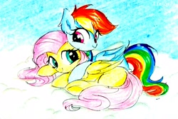 Size: 2938x1959 | Tagged: safe, artist:liaaqila, derpibooru import, fluttershy, rainbow dash, pegasus, pony, cuddling, cute, dashabetes, female, flutterdash, lesbian, mare, shipping, shyabetes, traditional art