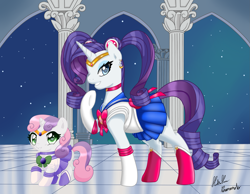 Size: 2459x1906 | Tagged: safe, artist:hoshi-hana, artist:linamomoko, rarity, sweetie belle, pony, unicorn, clothes, cosplay, costume, crossover, sailor moon, sisters