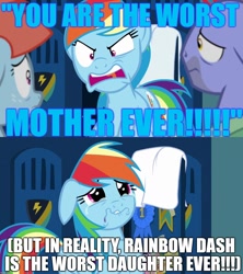Size: 1280x1440 | Tagged: safe, derpibooru import, edit, edited screencap, screencap, bow hothoof, rainbow dash, windy whistles, pegasus, pony, parental glideance, abuse, angry, crying, dashabuse, image macro, meme, op is a cuck, op is wrong, rainbow dash's parents, sad, yelling